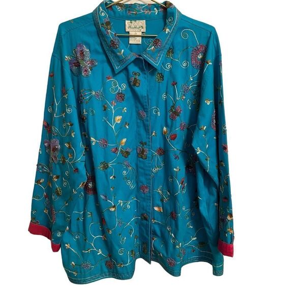 QUAKER FACTORY Blue Button Front Embroidered Beaded Butterfly Coat Jacket 2X - Picture 1 of 10